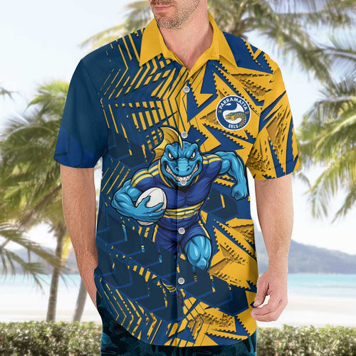 Parramatta Eels Rugby Hawaiian Shirt Fierce Mascot Geometric Tribal Art