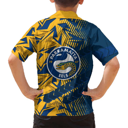 Parramatta Eels Rugby Kid Hawaiian Shirt Fierce Mascot Geometric Tribal Art