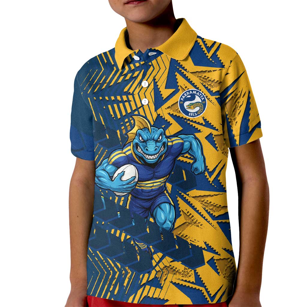 Parramatta Eels Rugby Kid Polo Shirt Fierce Mascot Geometric Tribal Art