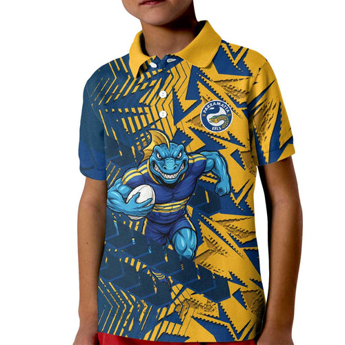 Parramatta Eels Rugby Kid Polo Shirt Fierce Mascot Geometric Tribal Art
