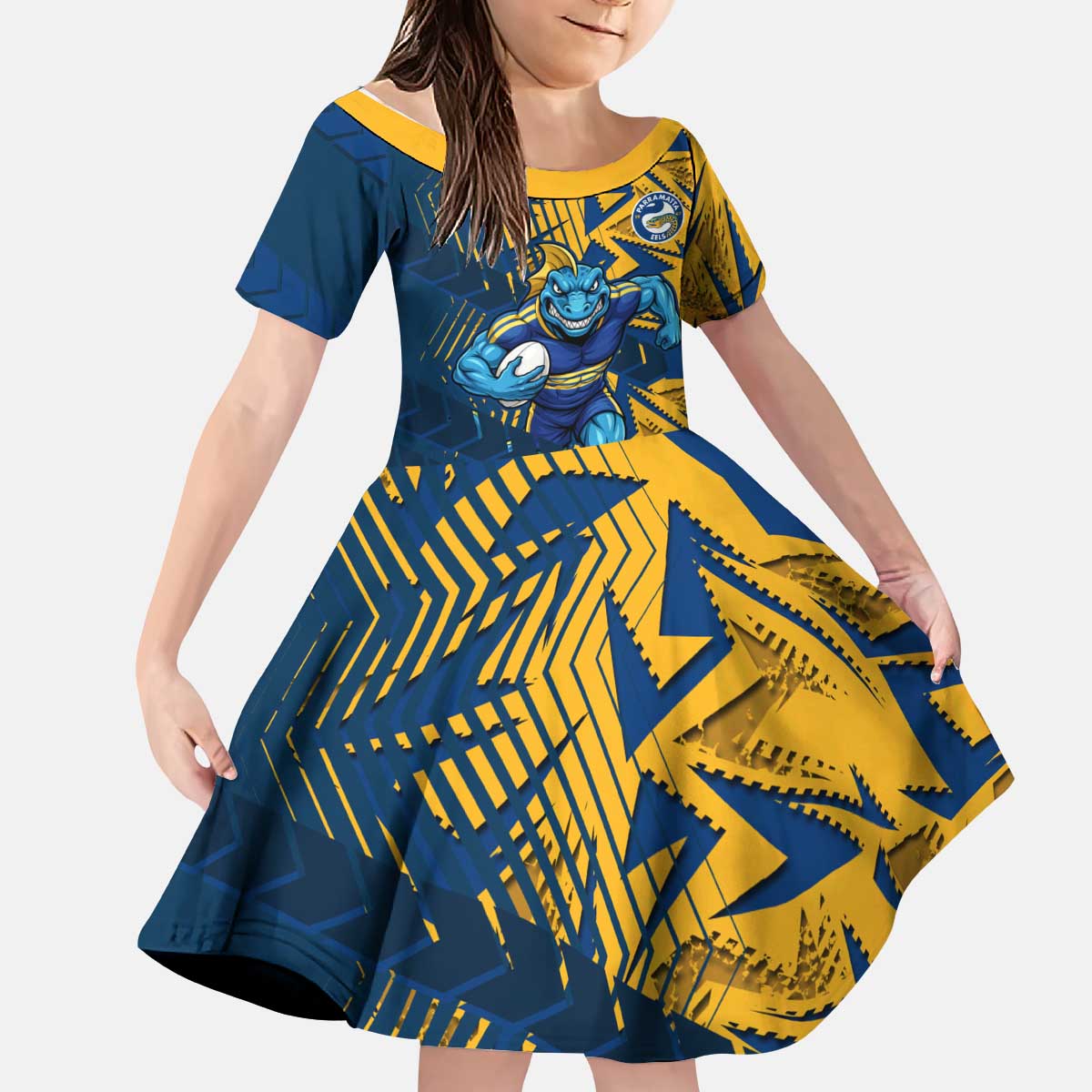 Parramatta Eels Rugby Kid Short Sleeve Dress Fierce Mascot Geometric Tribal Art