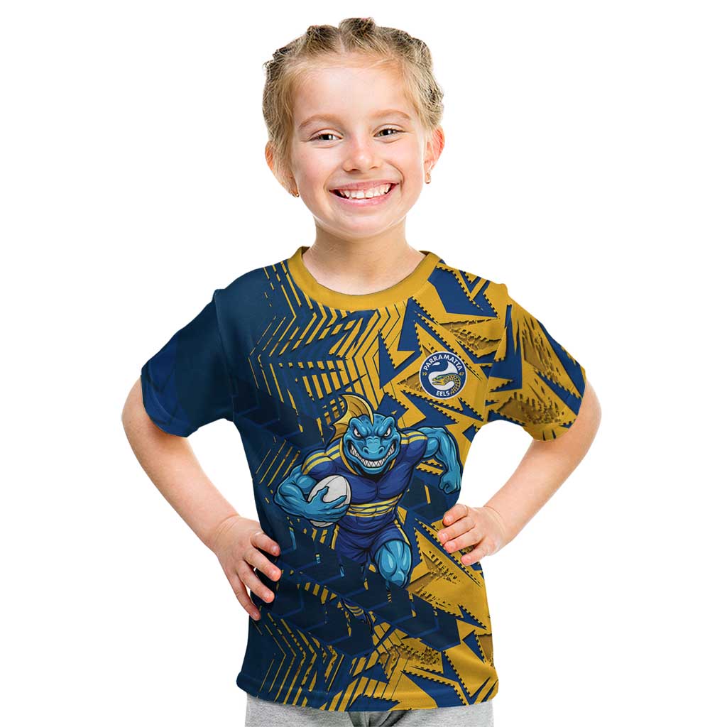 Parramatta Eels Rugby Kid T Shirt Fierce Mascot Geometric Tribal Art