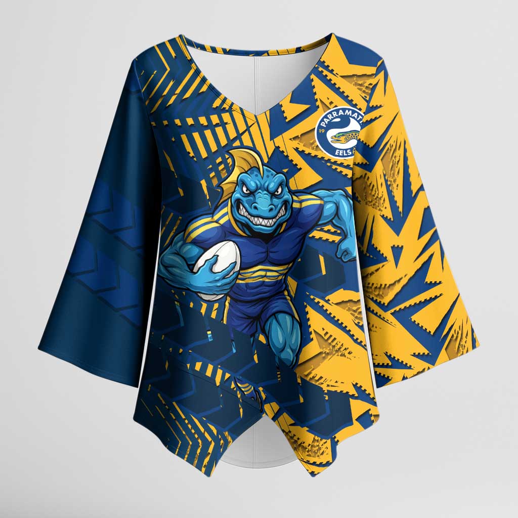 Parramatta Eels Rugby Kimono Sleeve Blouse Fierce Mascot Geometric Tribal Art