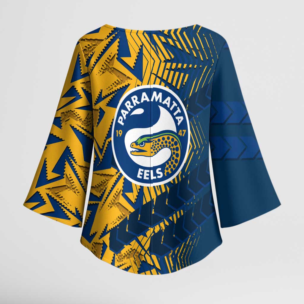 Parramatta Eels Rugby Kimono Sleeve Blouse Fierce Mascot Geometric Tribal Art
