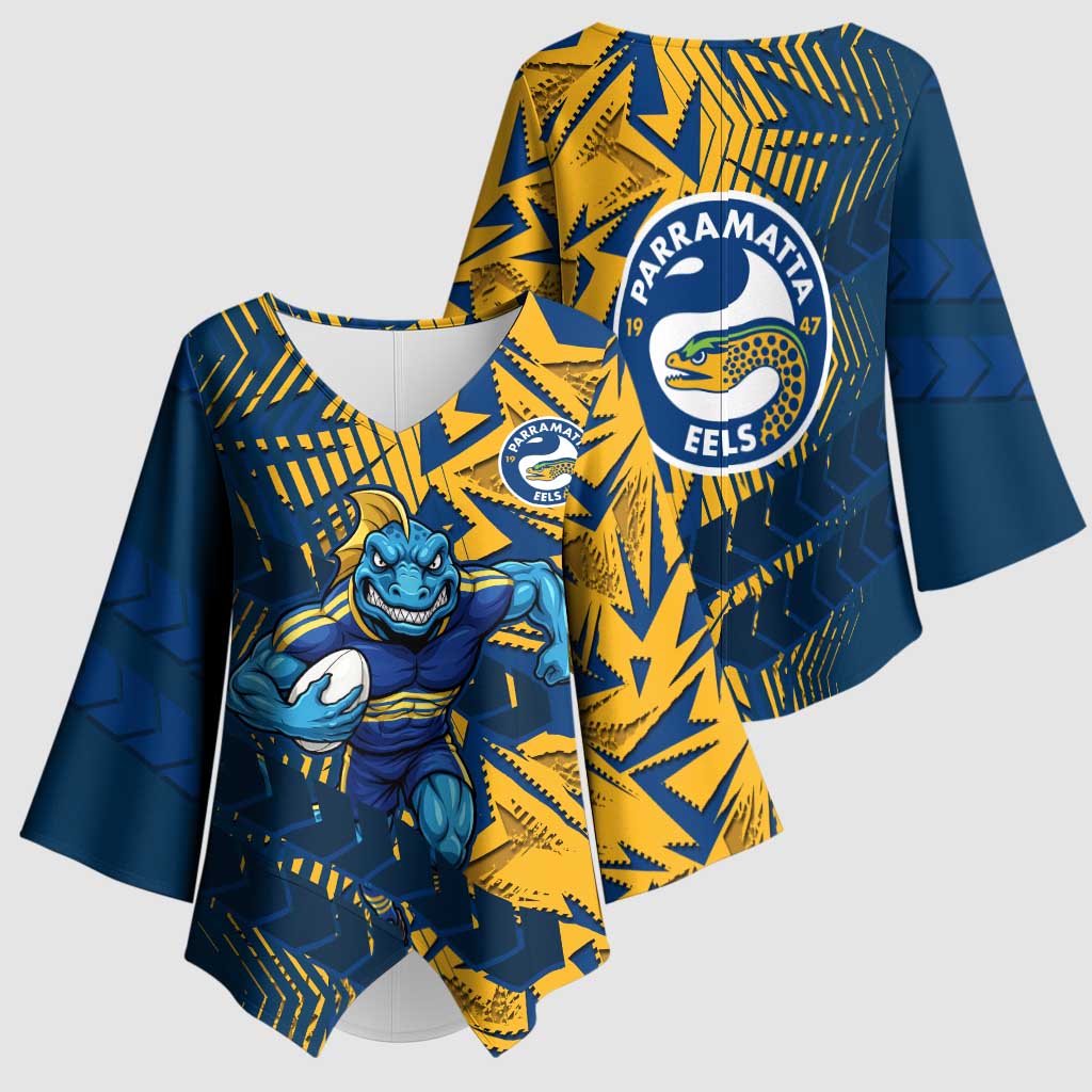 Parramatta Eels Rugby Kimono Sleeve Blouse Fierce Mascot Geometric Tribal Art