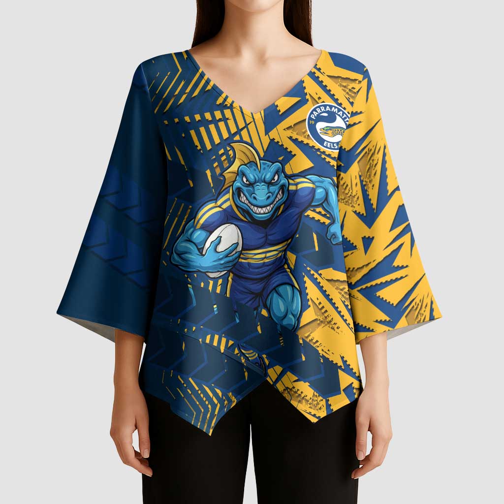 Parramatta Eels Rugby Kimono Sleeve Blouse Fierce Mascot Geometric Tribal Art