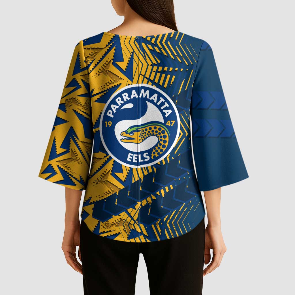 Parramatta Eels Rugby Kimono Sleeve Blouse Fierce Mascot Geometric Tribal Art