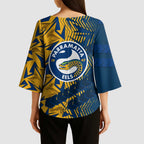 Parramatta Eels Rugby Kimono Sleeve Blouse Fierce Mascot Geometric Tribal Art