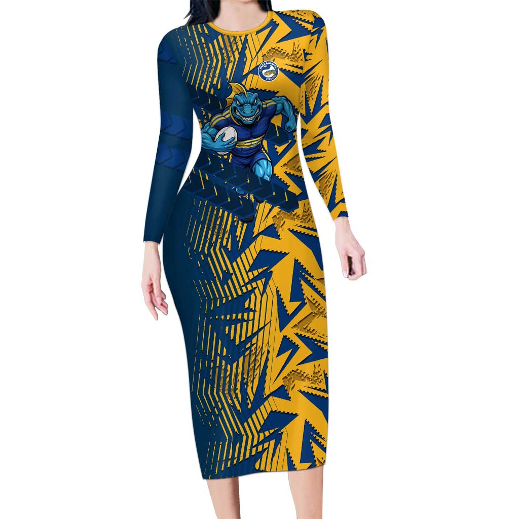 Parramatta Eels Rugby Long Sleeve Bodycon Dress Fierce Mascot Geometric Tribal Art