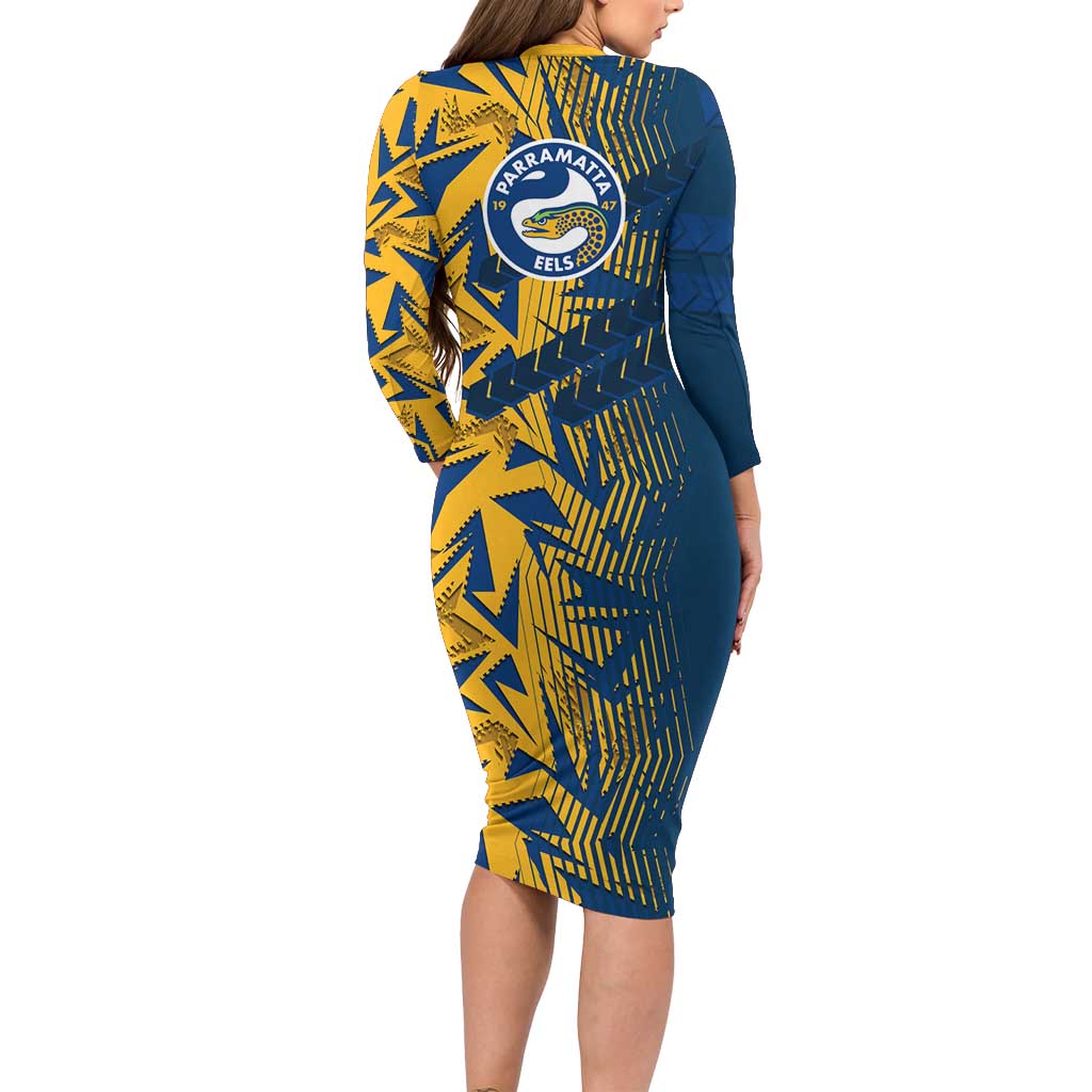 Parramatta Eels Rugby Long Sleeve Bodycon Dress Fierce Mascot Geometric Tribal Art