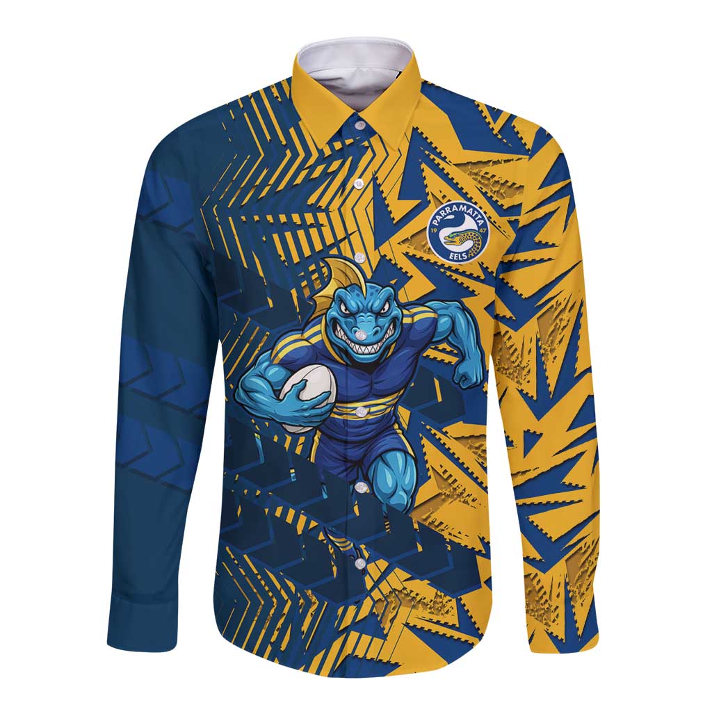 Parramatta Eels Rugby Long Sleeve Button Shirt Fierce Mascot Geometric Tribal Art