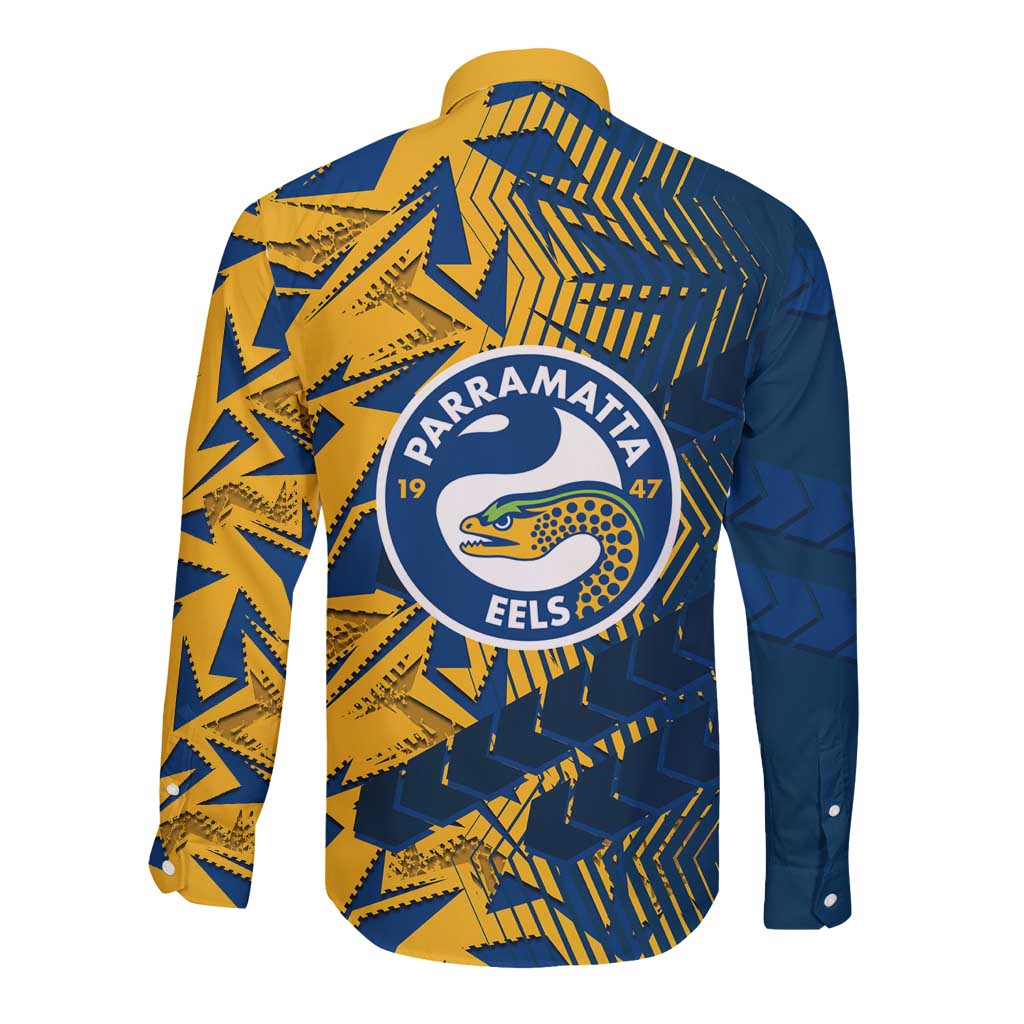 Parramatta Eels Rugby Long Sleeve Button Shirt Fierce Mascot Geometric Tribal Art