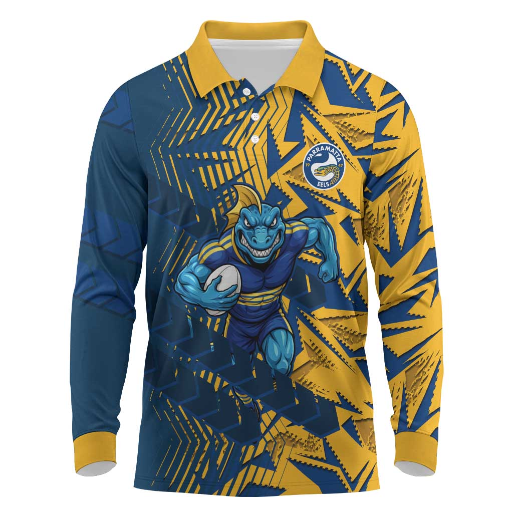 Parramatta Eels Rugby Long Sleeve Polo Shirt Fierce Mascot Geometric Tribal Art