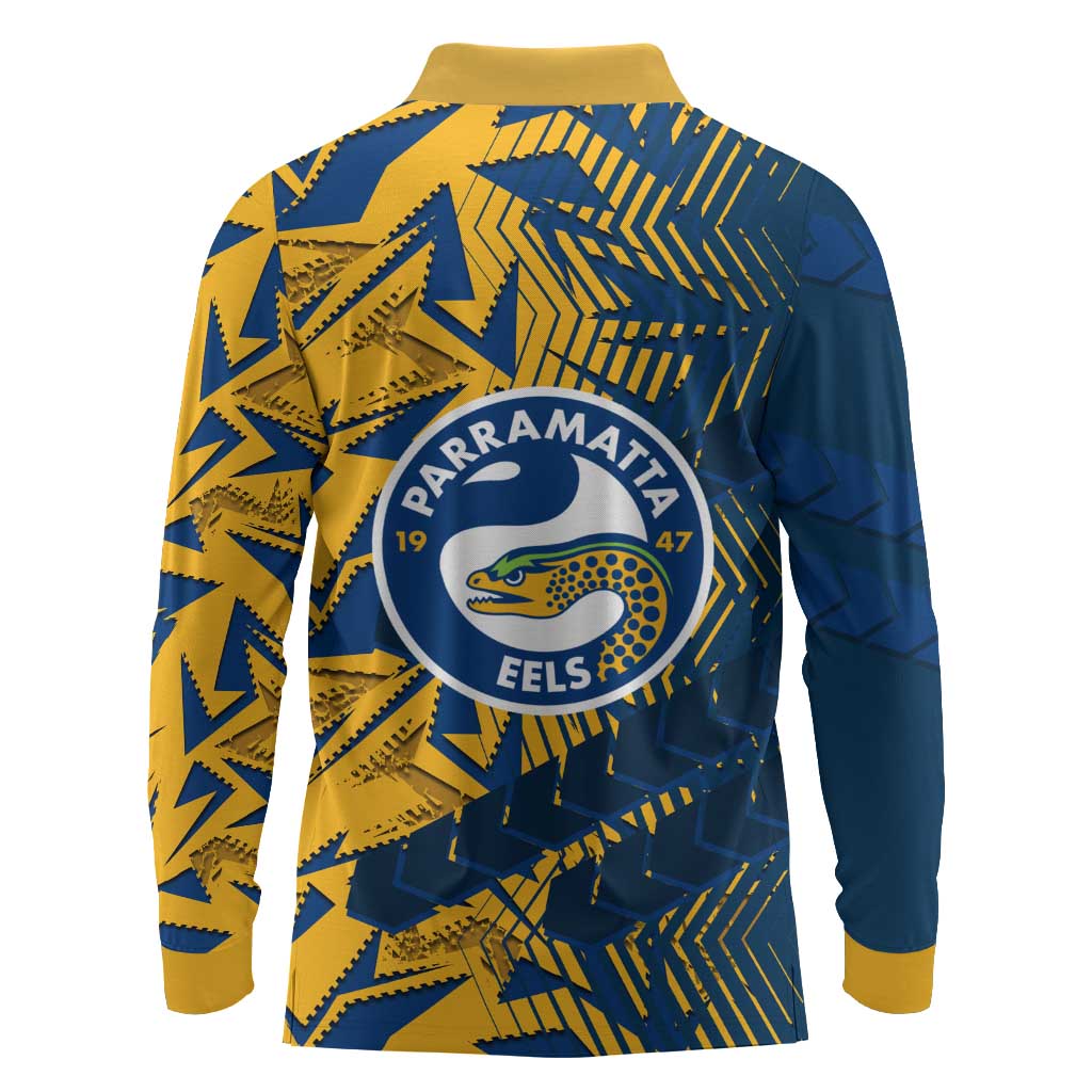 Parramatta Eels Rugby Long Sleeve Polo Shirt Fierce Mascot Geometric Tribal Art