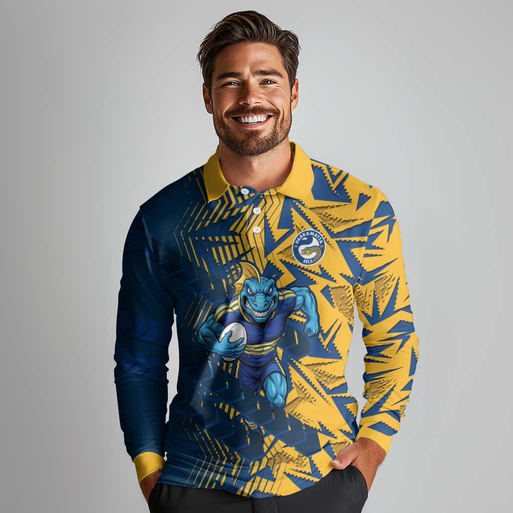 Parramatta Eels Rugby Long Sleeve Polo Shirt Fierce Mascot Geometric Tribal Art