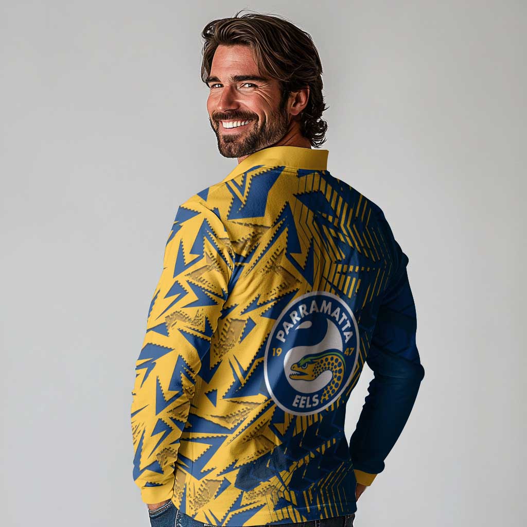 Parramatta Eels Rugby Long Sleeve Polo Shirt Fierce Mascot Geometric Tribal Art