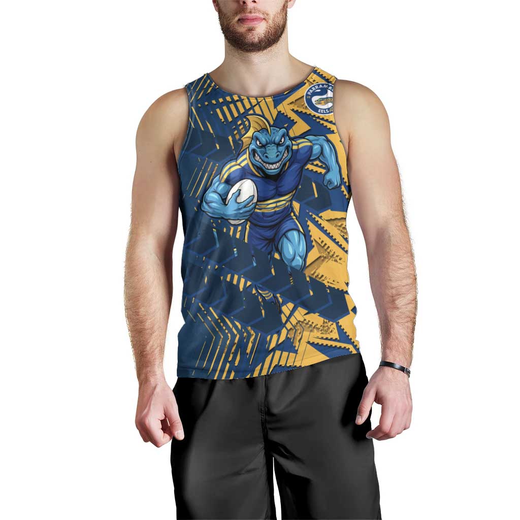 Parramatta Eels Rugby Men Tank Top Fierce Mascot Geometric Tribal Art
