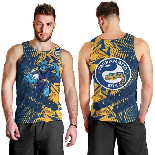 Parramatta Eels Rugby Men Tank Top Fierce Mascot Geometric Tribal Art