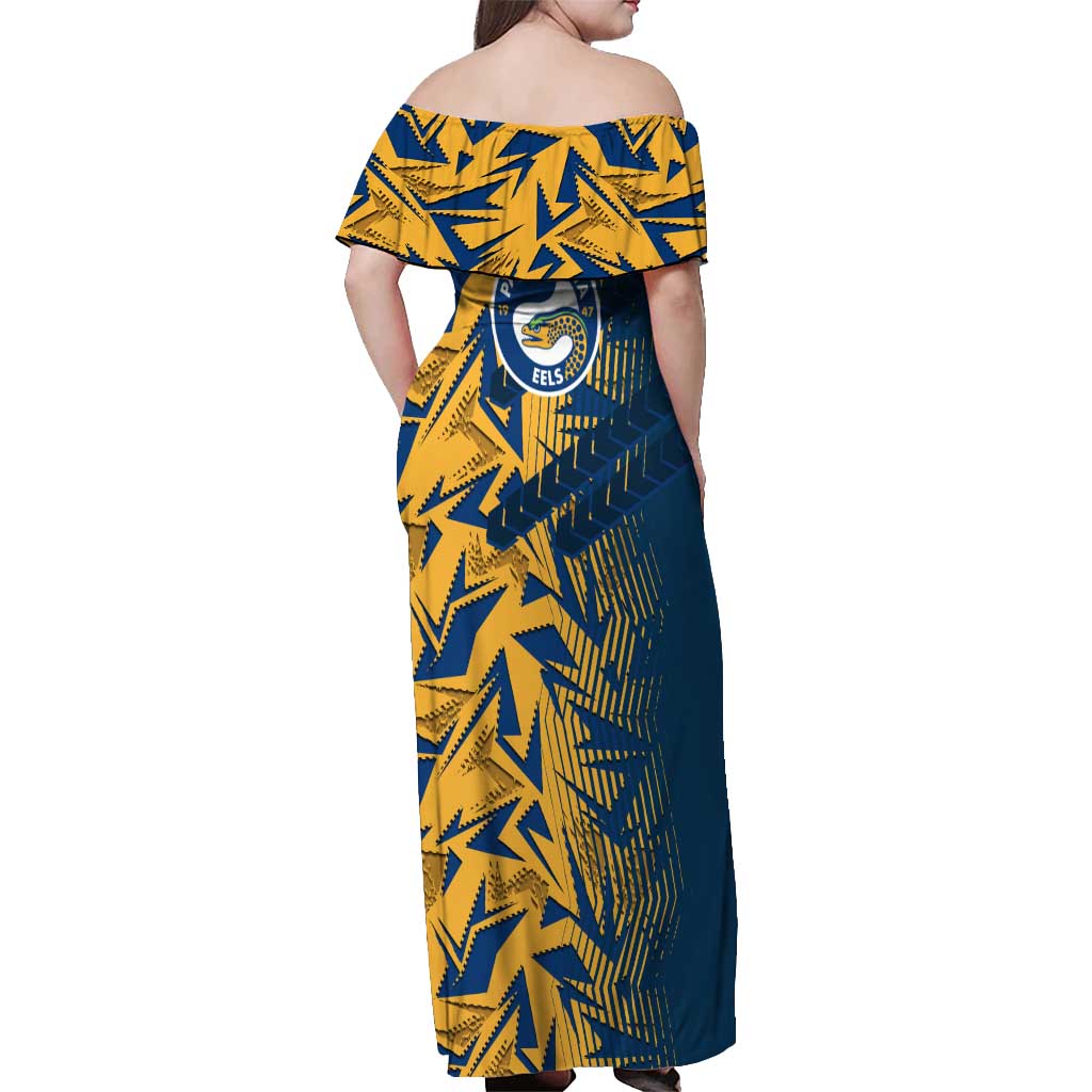 Parramatta Eels Rugby Off Shoulder Maxi Dress Fierce Mascot Geometric Tribal Art