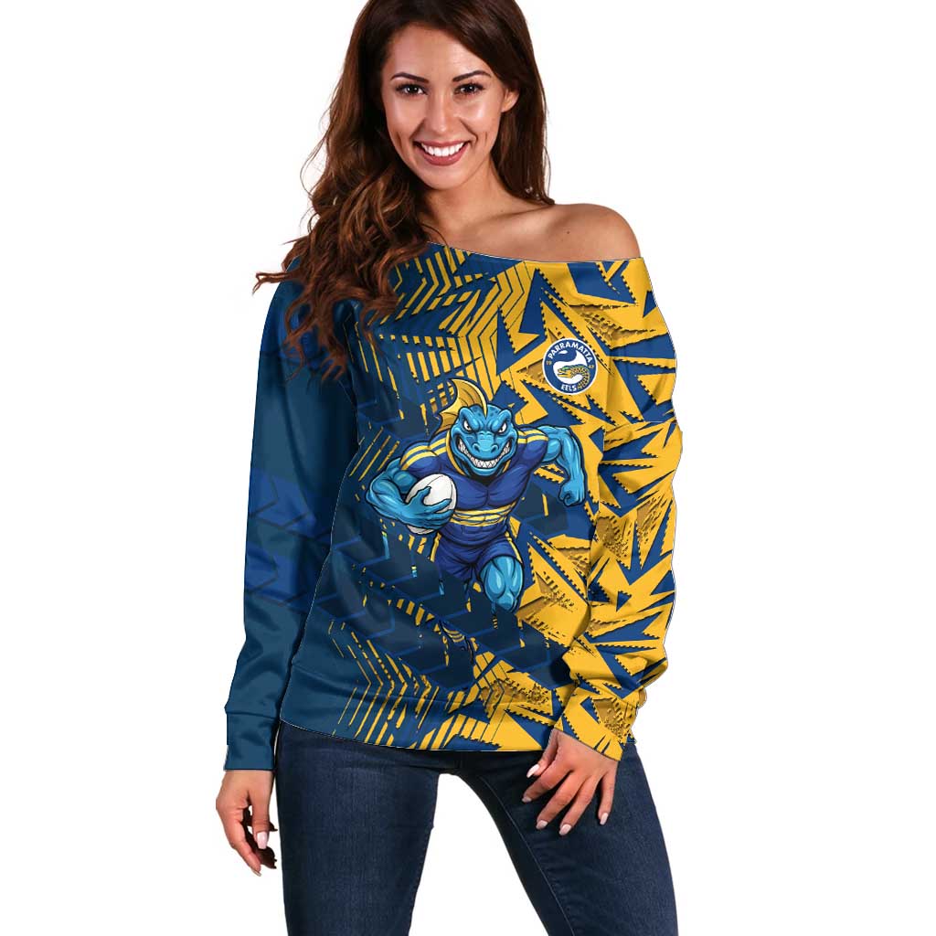 Parramatta Eels Rugby Off Shoulder Sweater Fierce Mascot Geometric Tribal Art