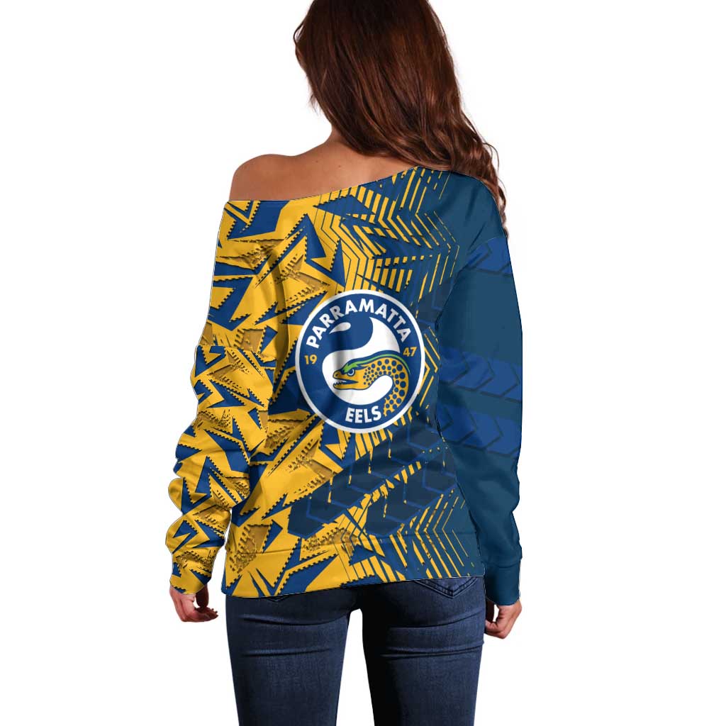 Parramatta Eels Rugby Off Shoulder Sweater Fierce Mascot Geometric Tribal Art