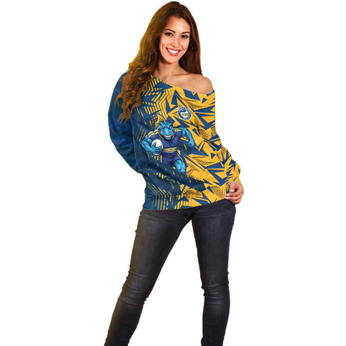 Parramatta Eels Rugby Off Shoulder Sweater Fierce Mascot Geometric Tribal Art