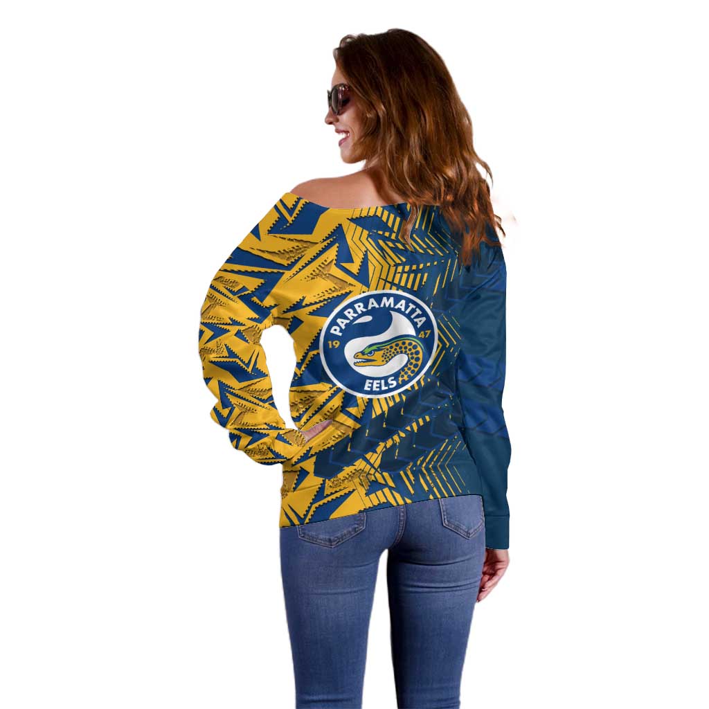 Parramatta Eels Rugby Off Shoulder Sweater Fierce Mascot Geometric Tribal Art