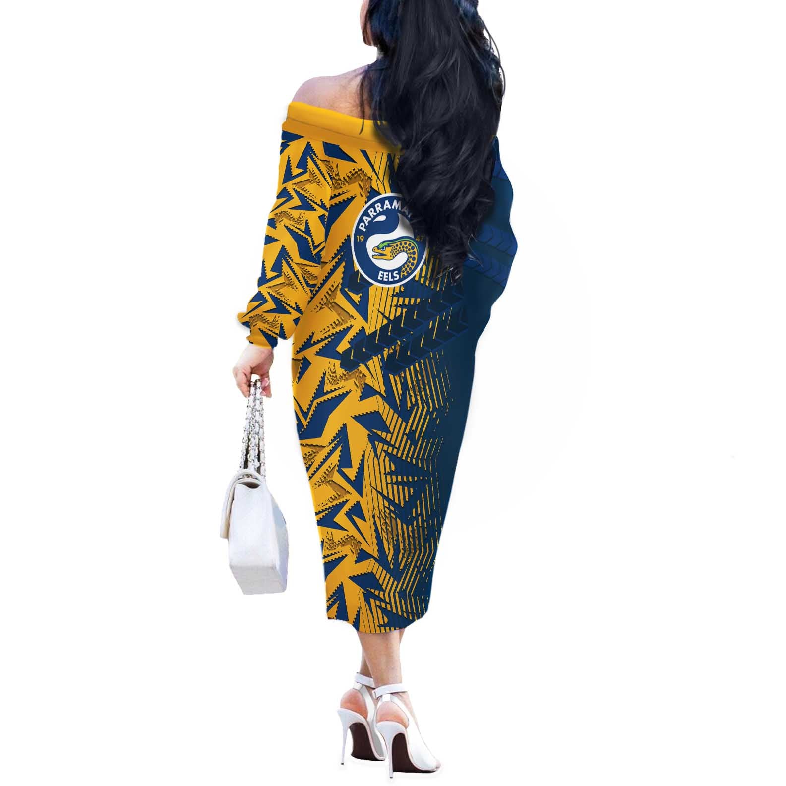 Parramatta Eels Rugby Off The Shoulder Long Sleeve Dress Fierce Mascot Geometric Tribal Art