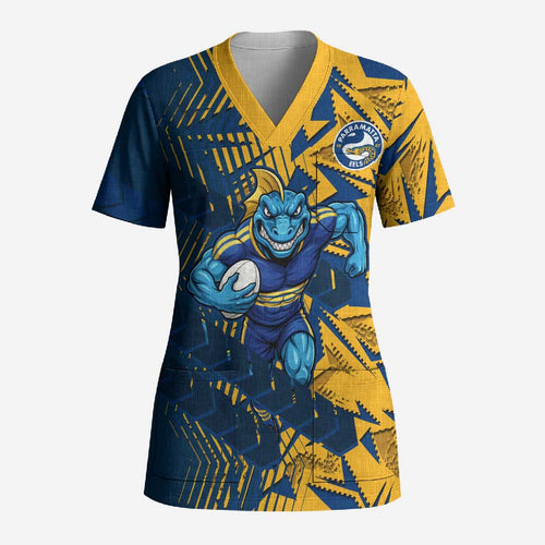Parramatta Eels Rugby Scrub Top Fierce Mascot Geometric Tribal Art