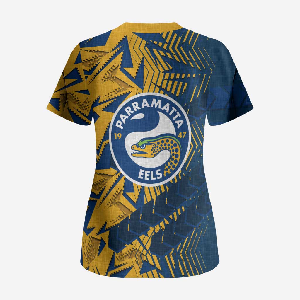 Parramatta Eels Rugby Scrub Top Fierce Mascot Geometric Tribal Art