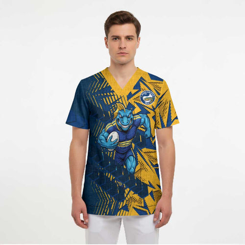 Parramatta Eels Rugby Scrub Top Fierce Mascot Geometric Tribal Art