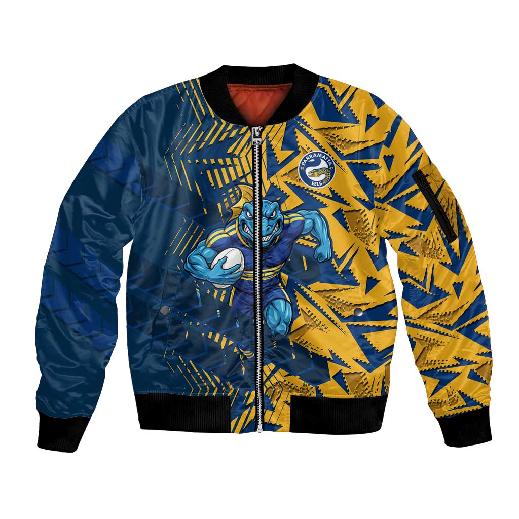 Parramatta Eels Rugby Sleeve Zip Bomber Jacket Fierce Mascot Geometric Tribal Art