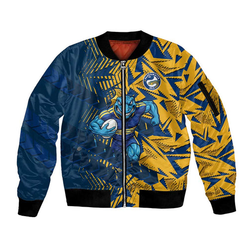 Parramatta Eels Rugby Sleeve Zip Bomber Jacket Fierce Mascot Geometric Tribal Art