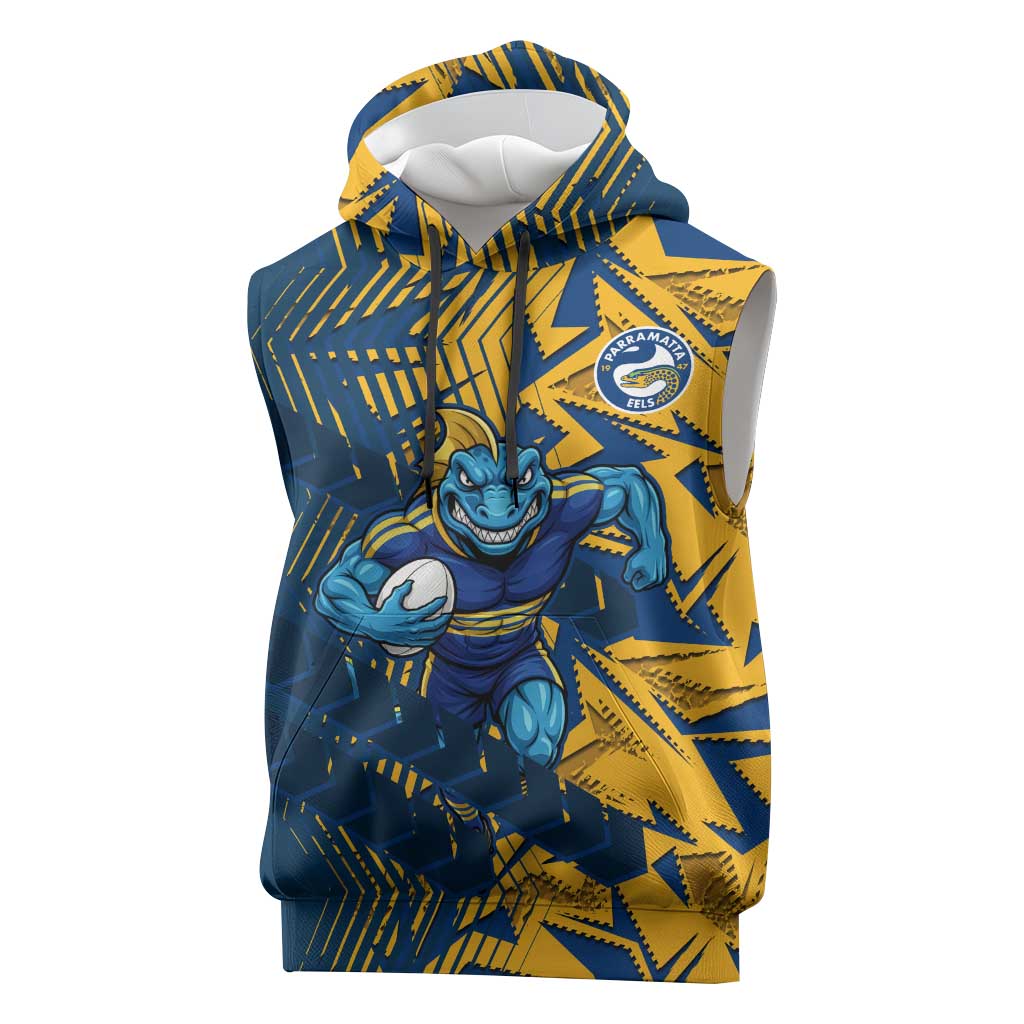 Parramatta Eels Rugby Sleeveless Hoodie Fierce Mascot Geometric Tribal Art