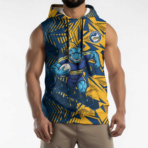 Parramatta Eels Rugby Sleeveless Hoodie Fierce Mascot Geometric Tribal Art