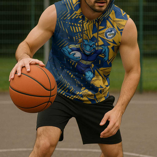 Parramatta Eels Rugby Sleeveless Hoodie Fierce Mascot Geometric Tribal Art