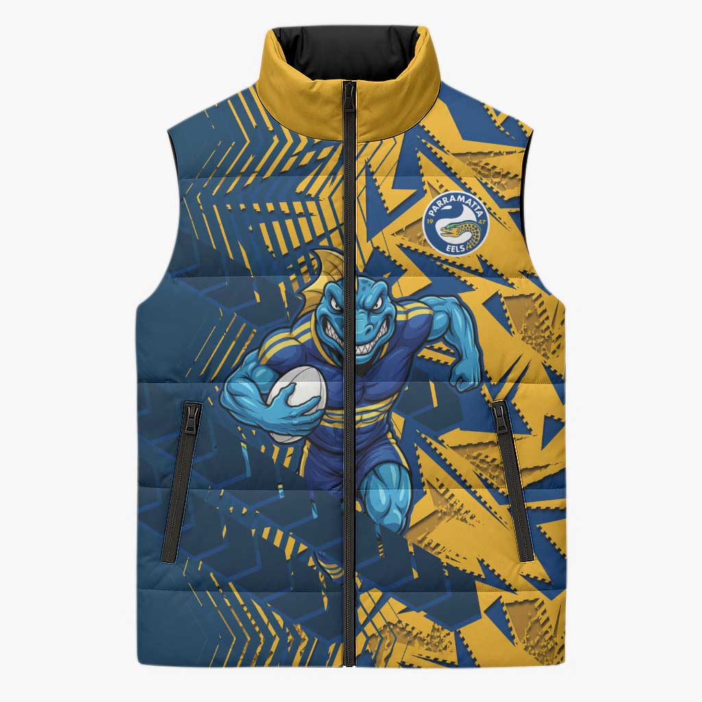 Parramatta Eels Rugby Sleeveless Puffer Jacket Fierce Mascot Geometric Tribal Art