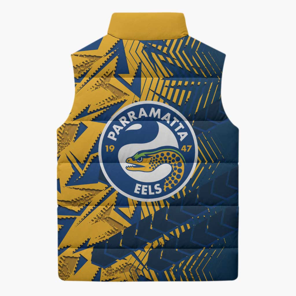 Parramatta Eels Rugby Sleeveless Puffer Jacket Fierce Mascot Geometric Tribal Art