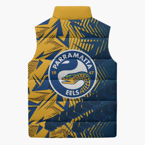 Parramatta Eels Rugby Sleeveless Puffer Jacket Fierce Mascot Geometric Tribal Art