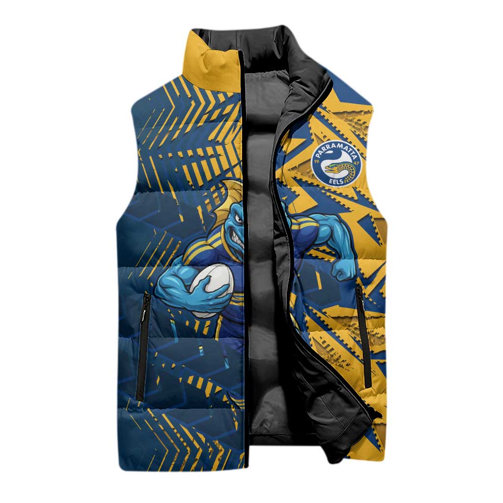 Parramatta Eels Rugby Sleeveless Puffer Jacket Fierce Mascot Geometric Tribal Art