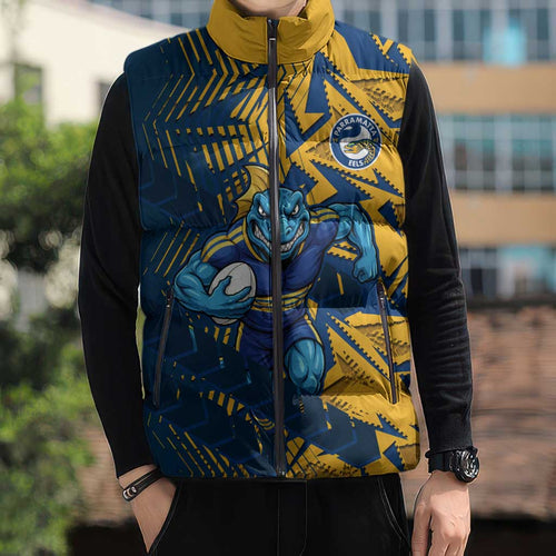 Parramatta Eels Rugby Sleeveless Puffer Jacket Fierce Mascot Geometric Tribal Art