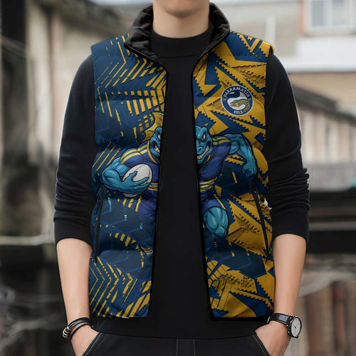 Parramatta Eels Rugby Sleeveless Puffer Jacket Fierce Mascot Geometric Tribal Art