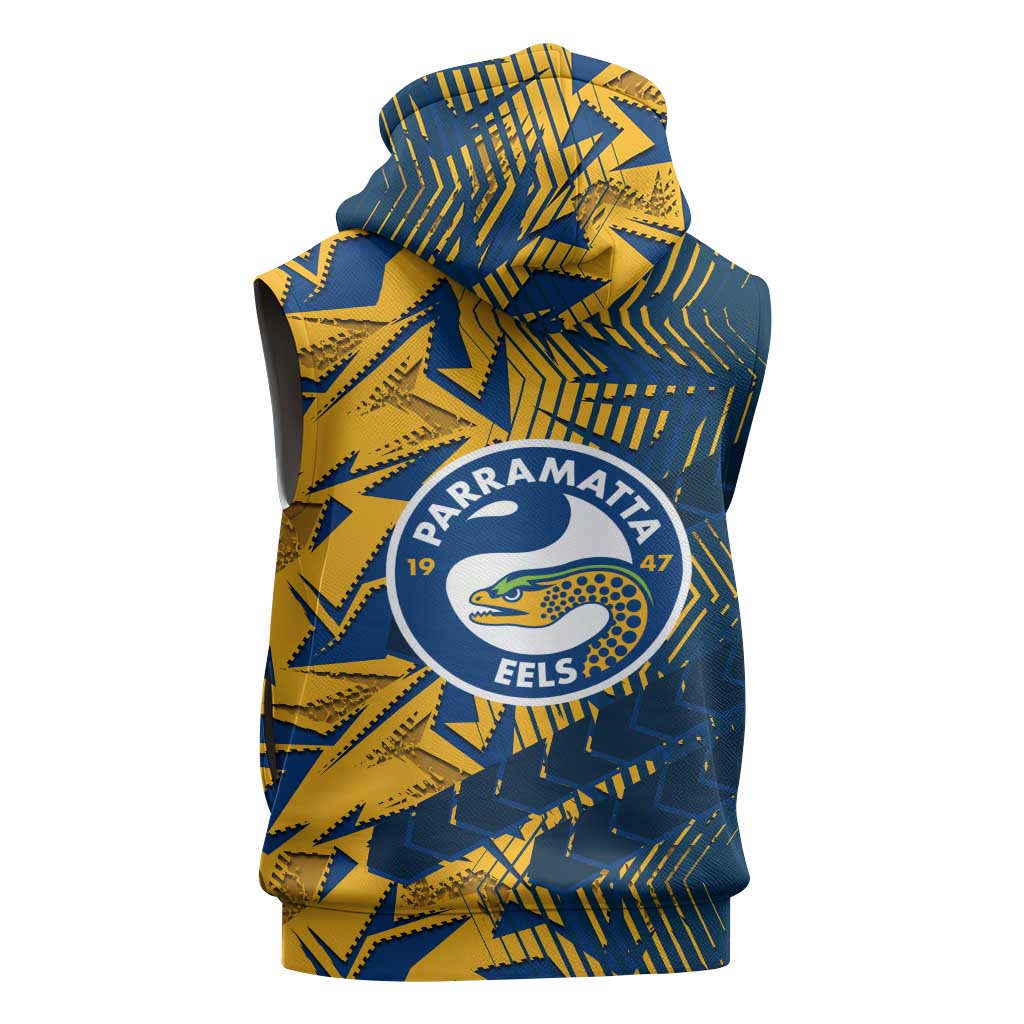 Parramatta Eels Rugby Sleeveless Zip Hoodie Fierce Mascot Geometric Tribal Art