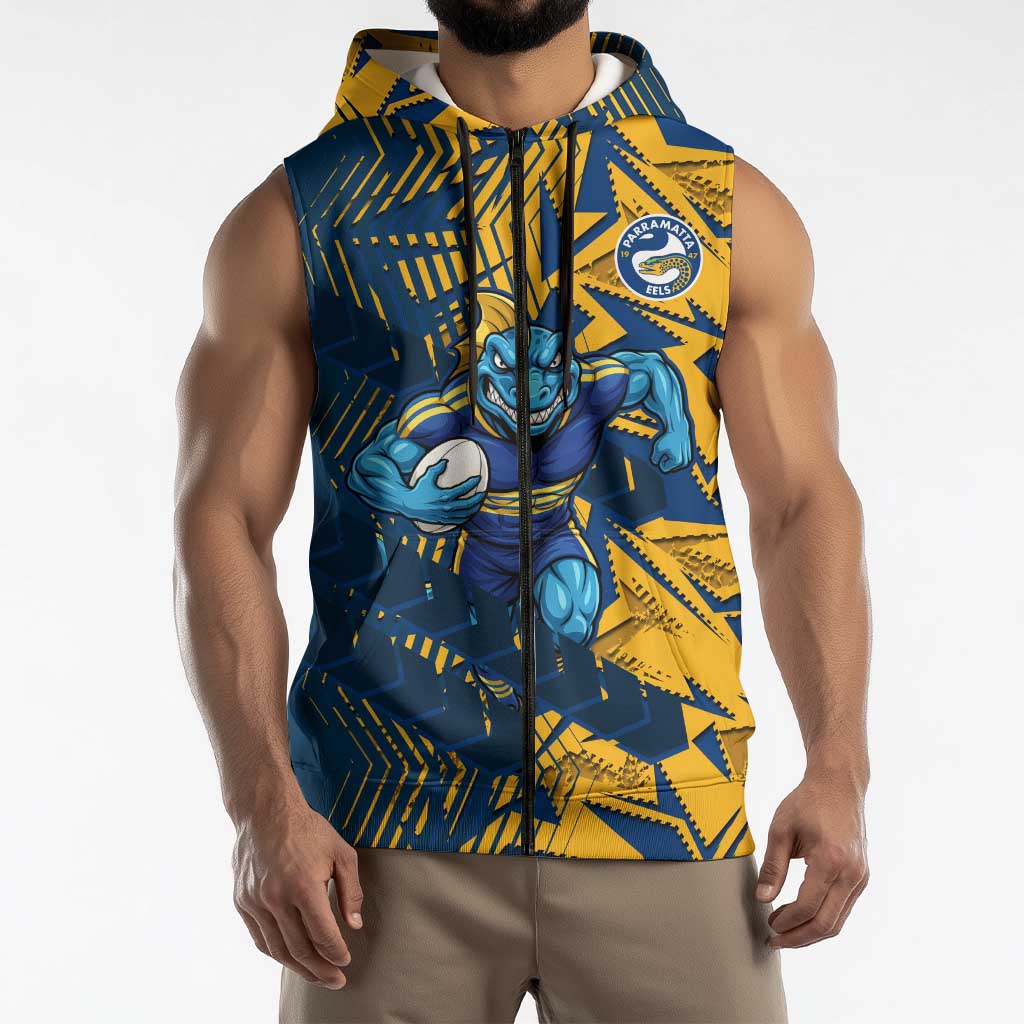 Parramatta Eels Rugby Sleeveless Zip Hoodie Fierce Mascot Geometric Tribal Art