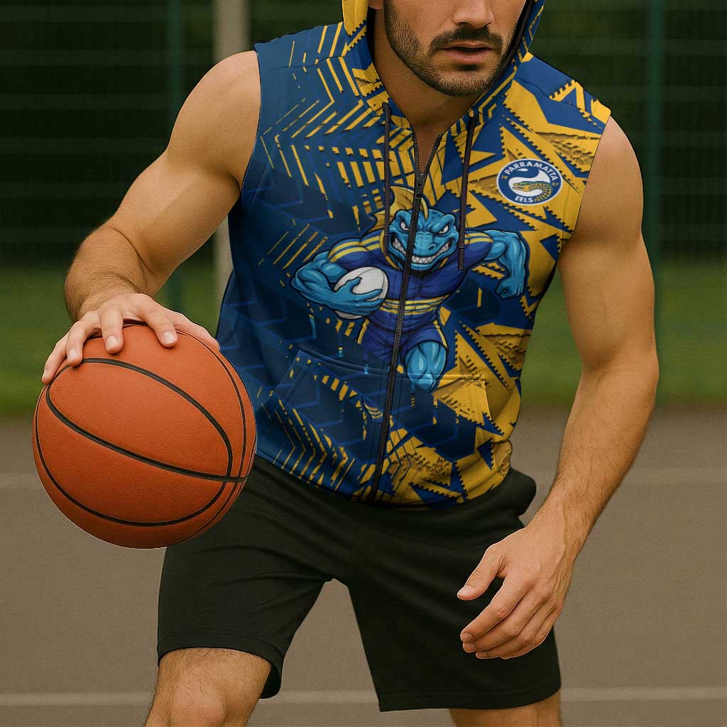 Parramatta Eels Rugby Sleeveless Zip Hoodie Fierce Mascot Geometric Tribal Art
