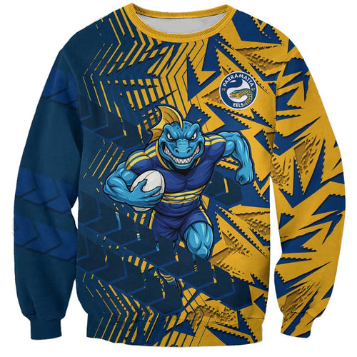 Parramatta Eels Rugby Sweatshirt Fierce Mascot Geometric Tribal Art