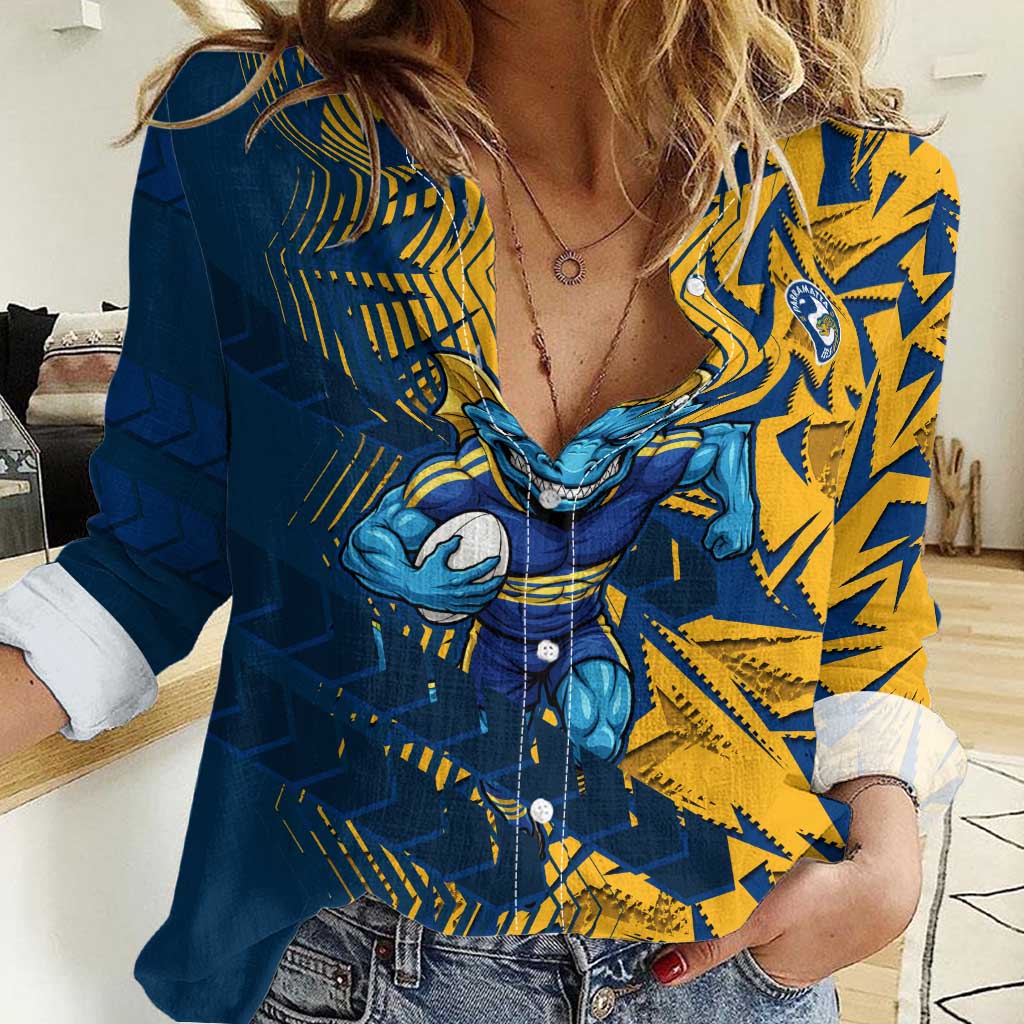 Parramatta Eels Rugby Women Casual Shirt Fierce Mascot Geometric Tribal Art