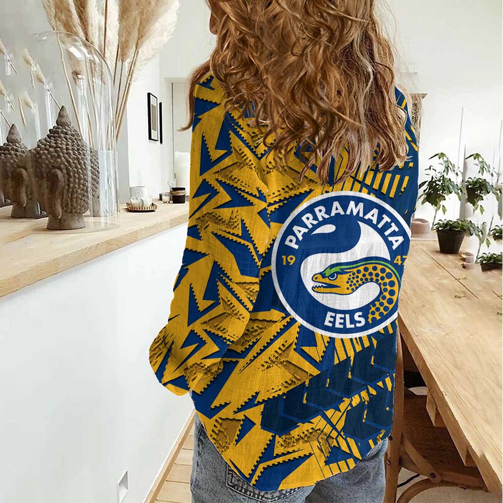 Parramatta Eels Rugby Women Casual Shirt Fierce Mascot Geometric Tribal Art