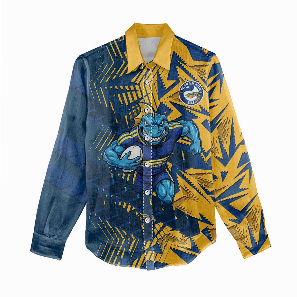 Parramatta Eels Rugby Women Casual Shirt Fierce Mascot Geometric Tribal Art