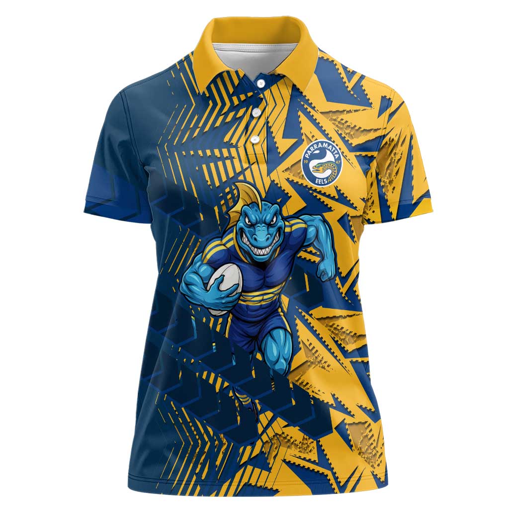 Parramatta Eels Rugby Women Polo Shirt Fierce Mascot Geometric Tribal Art